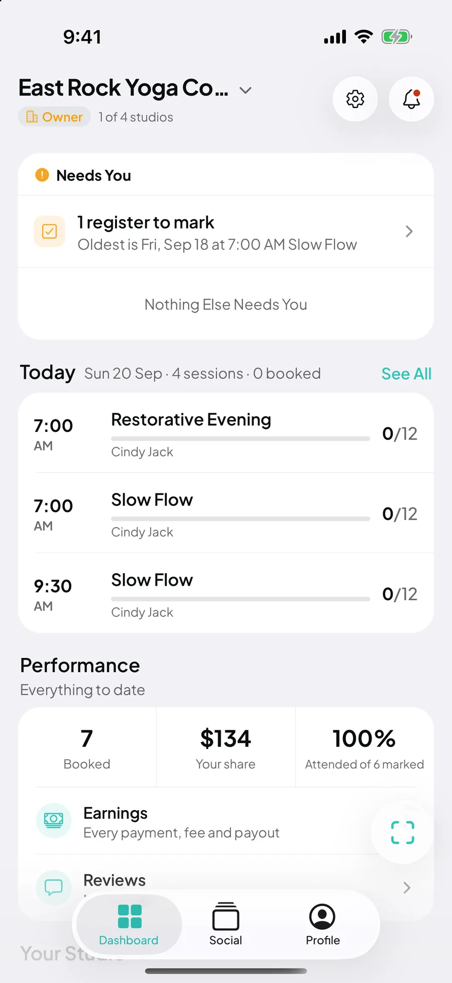 The studio dashboard in the TouchGrass app